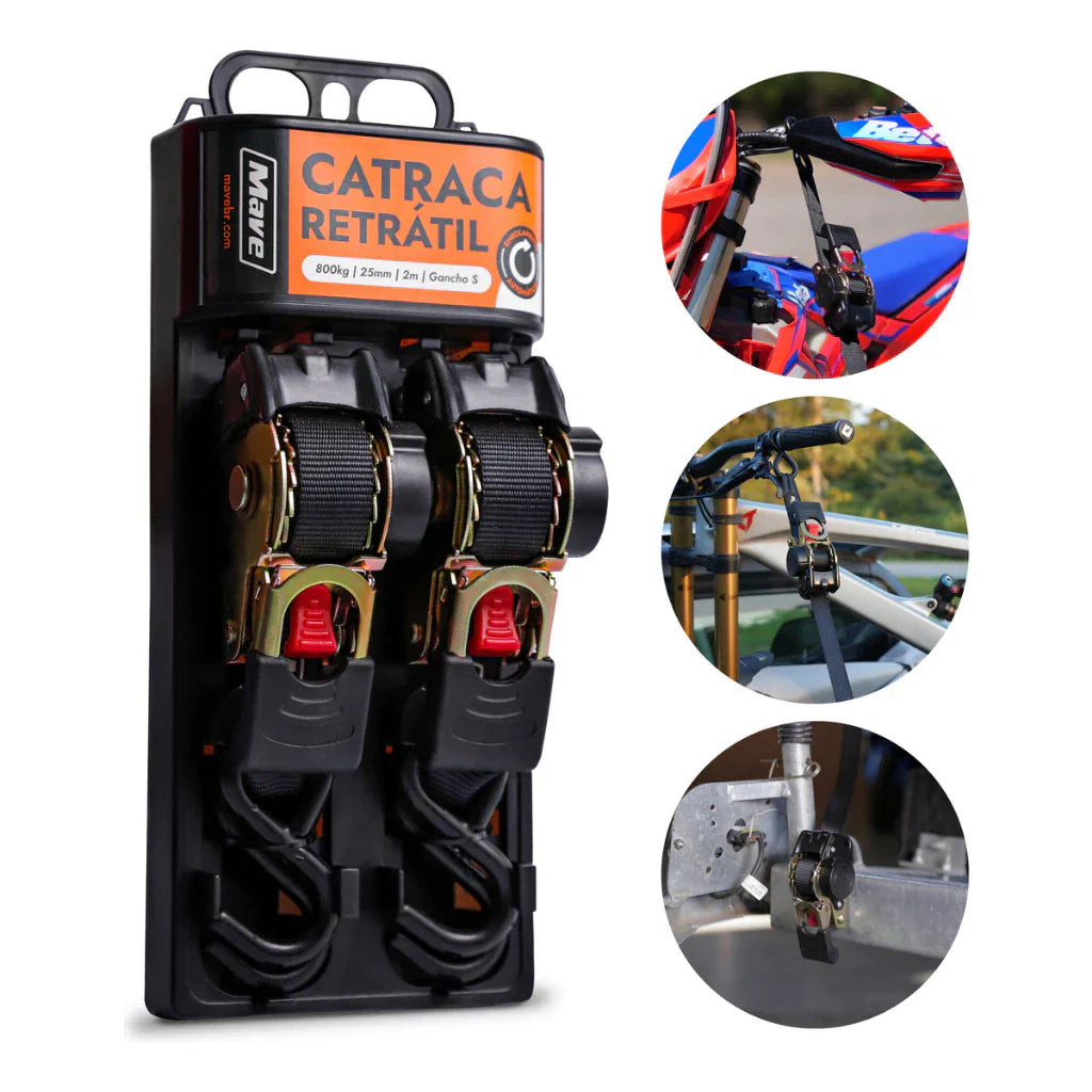 Par De Cinta Amarração Carga Catraca Automática Fita Retrátil 800 Kg 2 Fitas Cor Preto