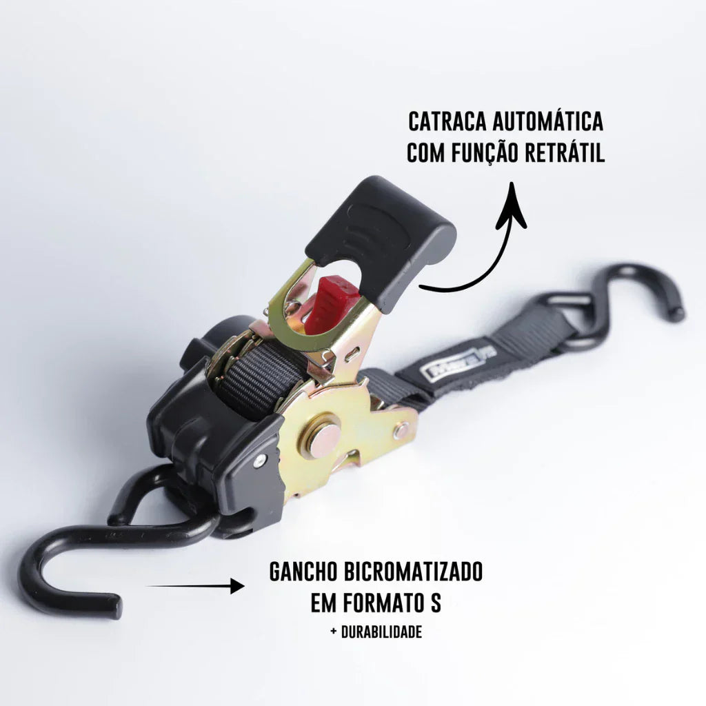 Par De Cinta Amarração Carga Catraca Automática Fita Retrátil 800 Kg 2 Fitas Cor Preto
