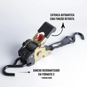 Par De Cinta Amarração Carga Catraca Automática Fita Retrátil 800 Kg 2 Fitas Cor Preto