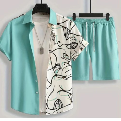 Conjunto Masculino Estampado Bicolor - Camisa e Bermuda