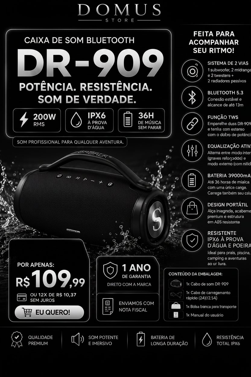 🔥  QUEIMA DE ESTOQUE!! 🔥 Caixa de Som Premium Boombox DR-909 Bluetooth 200w 39000mah Tws Ipx6.